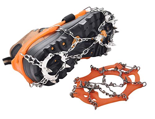 DAFENP Crampones Ligeros 19 Dientes Tacos con Cadena de Dcero Inoxidable Antideslizante Crampones Nieve Hielo para Zapatos Invierno Montañismo Escalada Alpinismo Cámping Acampada BZ0011-Orange-M