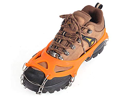DAFENP Crampones Ligeros 19 Dientes Tacos con Cadena de Dcero Inoxidable Antideslizante Crampones Nieve Hielo para Zapatos Invierno Montañismo Escalada Alpinismo Cámping Acampada BZ0011-Orange-M