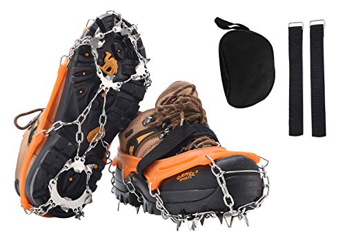 DAFENP Crampones Ligeros 19 Dientes Tacos con Cadena de Dcero Inoxidable Antideslizante Crampones Nieve Hielo para Zapatos Invierno Montañismo Escalada Alpinismo Cámping Acampada BZ0011-Orange-M