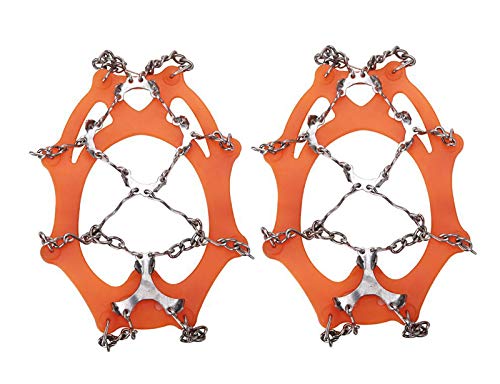 DAFENP Crampones Ligeros 19 Dientes Tacos con Cadena de Dcero Inoxidable Antideslizante Crampones Nieve Hielo para Zapatos Invierno Montañismo Escalada Alpinismo Cámping Acampada BZ0011-Orange-M