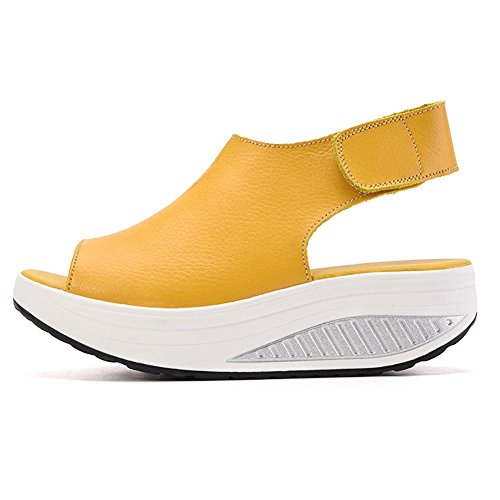 DAFENP Sandalias Plataforma Mujer Verano Sandalias Cuña Comodas Cuero Zapatos Tacon para Caminar (39 EU, Amarillo)