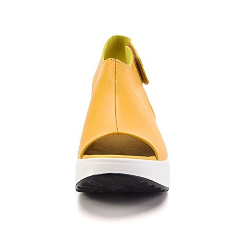 DAFENP Sandalias Plataforma Mujer Verano Sandalias Cuña Comodas Cuero Zapatos Tacon para Caminar (39 EU, Amarillo)