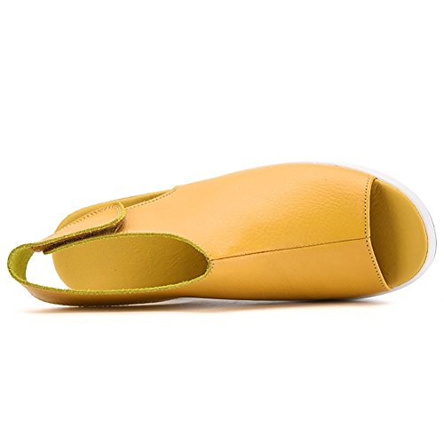 DAFENP Sandalias Plataforma Mujer Verano Sandalias Cuña Comodas Cuero Zapatos Tacon para Caminar (39 EU, Amarillo)