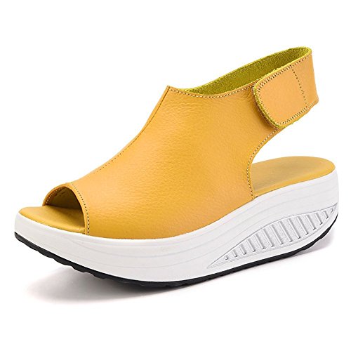 DAFENP Sandalias Plataforma Mujer Verano Sandalias Cuña Comodas Cuero Zapatos Tacon para Caminar (39 EU, Amarillo)