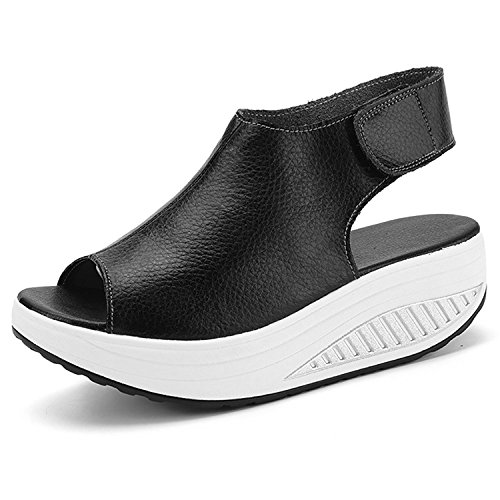DAFENP Sandalias Plataforma Mujer Verano Sandalias Cuña Comodas Cuero Zapatos Tacon para Caminar (39 EU, Negro)