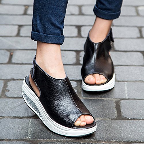 DAFENP Sandalias Plataforma Mujer Verano Sandalias Cuña Comodas Cuero Zapatos Tacon para Caminar (39 EU, Negro)