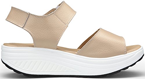 DAFENP Sandalias Plataforma Mujer Verano Sandalias Cuña Comodas Cuero Zapatos Tacon para Caminar LX308-2-beige-EU40