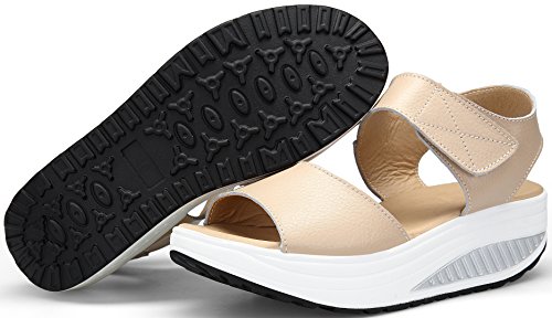 DAFENP Sandalias Plataforma Mujer Verano Sandalias Cuña Comodas Cuero Zapatos Tacon para Caminar LX308-2-beige-EU40