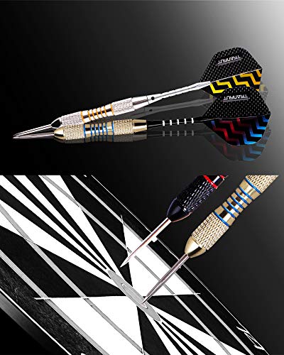 Dardos Dardos con Punta de Acero 9 Piezas de 24 Gramos con 18 Ejes de Aluminio, 27 Plumas 5 Patrones, 20 Anillos de Goma, Estuche de Regalo de Dardos