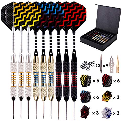 Dardos Dardos con Punta de Acero 9 Piezas de 24 Gramos con 18 Ejes de Aluminio, 27 Plumas 5 Patrones, 20 Anillos de Goma, Estuche de Regalo de Dardos