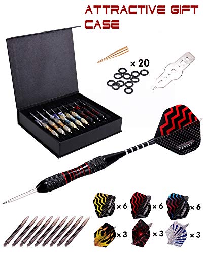 Dardos Dardos con Punta de Acero 9 Piezas de 24 Gramos con 18 Ejes de Aluminio, 27 Plumas 5 Patrones, 20 Anillos de Goma, Estuche de Regalo de Dardos
