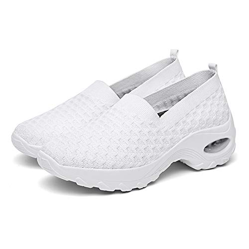 DAYOUT Zapatillas de plataforma para mujer Wallking Zapatos de malla transpirable de aire acolchado señora casual deporte tenis zapatos cómodos, color Blanco, talla 36.5 EU
