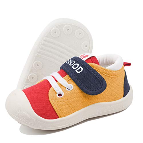 DEBAIJIA Bebé Primeros Pasos Zapatos 1-4 años Niños Niñas Infante Suave Suela Antideslizante Lona Ligero Deportivas 19 EU Amarillo Rojo (Tamaño de la etiqueta-15)
