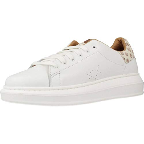 Deportivo de Mujer, Sneaker Modelo valnera en Piel Nappa Color Blanco, Detalle Talon y lengueta Blanco con Logos Marrones, Marca Popa.