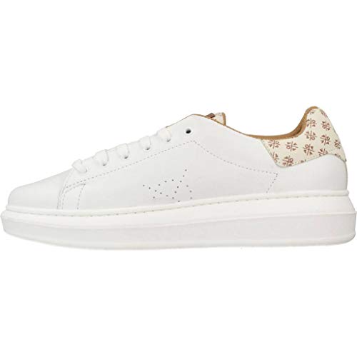 Deportivo de Mujer, Sneaker Modelo valnera en Piel Nappa Color Blanco, Detalle Talon y lengueta Blanco con Logos Marrones, Marca Popa.