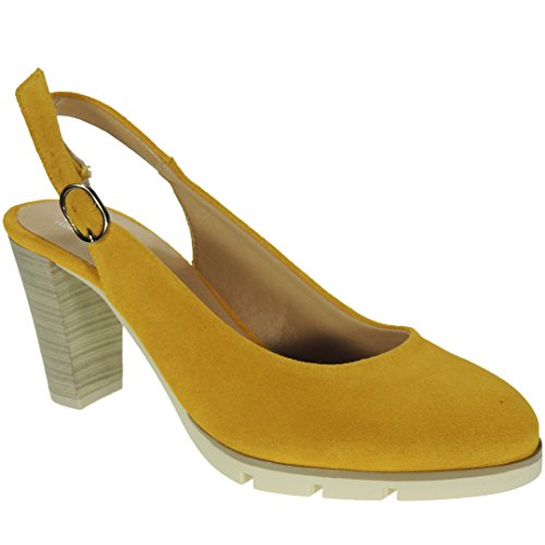 Desiree 2102 Zapato Descubierto Serraje Tacón Ancho 8CM para Mujer Mostaza Talla 35