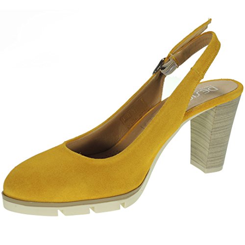 Desiree 2102 Zapato Descubierto Serraje Tacón Ancho 8CM para Mujer Mostaza Talla 35