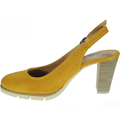 Desiree 2102 Zapato Descubierto Serraje Tacón Ancho 8CM para Mujer Mostaza Talla 35