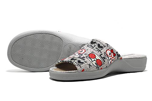 DeValverde - Zapatilla de IR por casa Destalonada, con cuña Baja, Suela de Goma, Dedos Fuera, Dibujos de Gatos, para: Mujer Color: Gris Talla:41