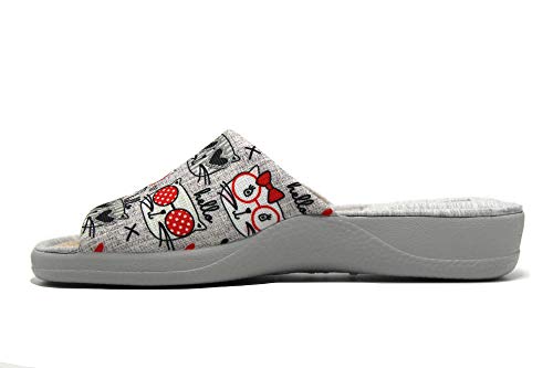 DeValverde - Zapatilla de IR por casa Destalonada, con cuña Baja, Suela de Goma, Dedos Fuera, Dibujos de Gatos, para: Mujer Color: Gris Talla:41