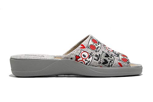 DeValverde - Zapatilla de IR por casa Destalonada, con cuña Baja, Suela de Goma, Dedos Fuera, Dibujos de Gatos, para: Mujer Color: Gris Talla:41