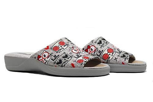 DeValverde - Zapatilla de IR por casa Destalonada, con cuña Baja, Suela de Goma, Dedos Fuera, Dibujos de Gatos, para: Mujer Color: Gris Talla:41