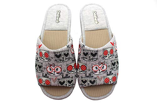 DeValverde - Zapatilla de IR por casa Destalonada, con cuña Baja, Suela de Goma, Dedos Fuera, Dibujos de Gatos, para: Mujer Color: Gris Talla:41