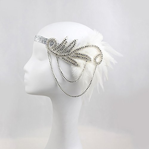 Diadema de Boda Nupical Cinta de Cabeza de Pluma Flapper Tocado Época 1920s Great Tocado Accesorio de Pelo Disfraz Estilo Charleston - Blanco, como se describe