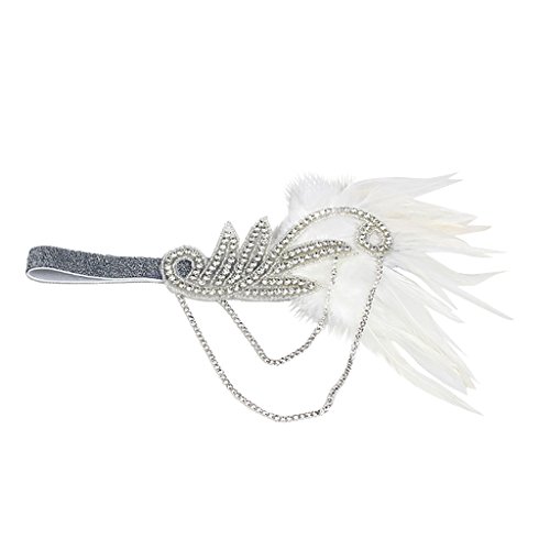 Diadema de Boda Nupical Cinta de Cabeza de Pluma Flapper Tocado Época 1920s Great Tocado Accesorio de Pelo Disfraz Estilo Charleston - Blanco, como se describe