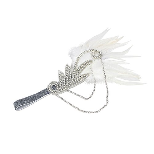 Diadema de Boda Nupical Cinta de Cabeza de Pluma Flapper Tocado Época 1920s Great Tocado Accesorio de Pelo Disfraz Estilo Charleston - Blanco, como se describe