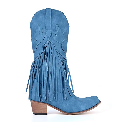 Dihope, botas de tacón plano para mujer, zapatos casuales con flecos azul 39 EU