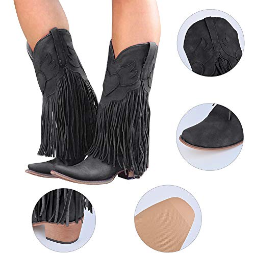 Dihope, botas de tacón plano para mujer, zapatos casuales con flecos Negro 36 EU
