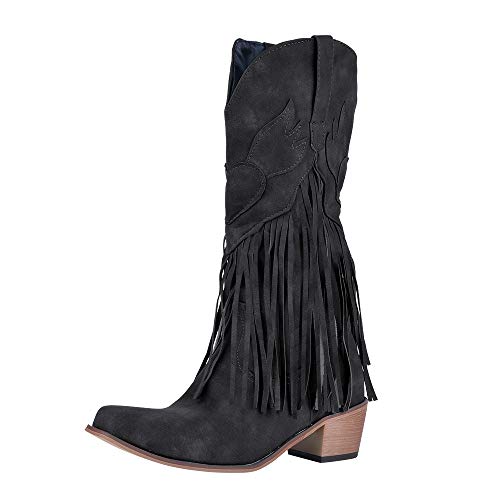 Dihope, botas de tacón plano para mujer, zapatos casuales con flecos Negro 36 EU