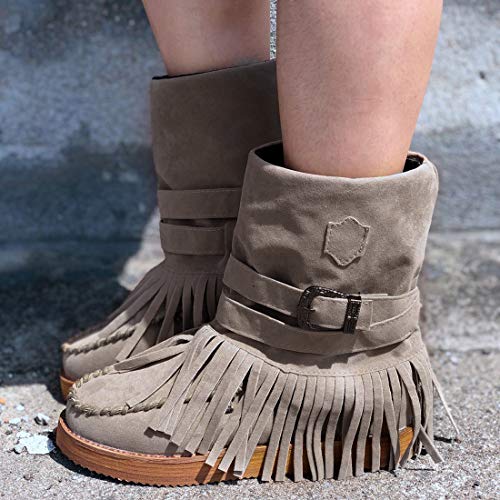 Dihope botas india para mujer, tacón plano, de plataforma, zapatos informales, modernos, con flecos, botines para la nieve e invierno marrón 38 EU