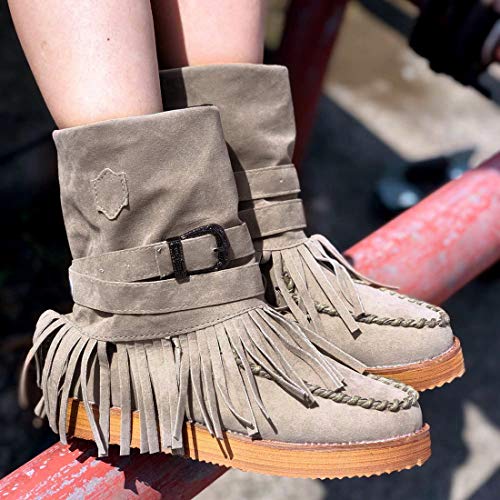 Dihope botas india para mujer, tacón plano, de plataforma, zapatos informales, modernos, con flecos, botines para la nieve e invierno marrón 38 EU