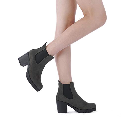 Dream Pairs FRE Mujer Botines de Tacón Ancho Chelsea Plataforma Cabeza Redonda Otoño Invierno Moda Botas Gris 41 EU/10 US