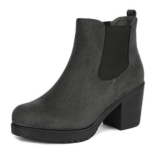Dream Pairs FRE Mujer Botines de Tacón Ancho Chelsea Plataforma Cabeza Redonda Otoño Invierno Moda Botas Gris 41 EU/10 US