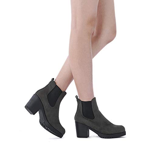 Dream Pairs FRE Mujer Botines de Tacón Ancho Chelsea Plataforma Cabeza Redonda Otoño Invierno Moda Botas Gris 41 EU/10 US