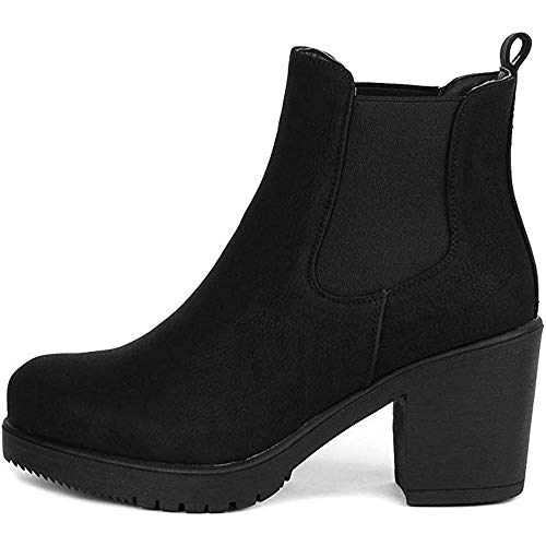 Dream Pairs FRE Mujer Botines de Tacón Ancho Chelsea Plataforma Cabeza Redonda Otoño Invierno Moda Botas Negro PU 41 EU/10 US