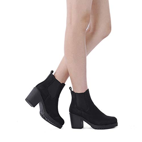 Dream Pairs FRE Mujer Botines de Tacón Ancho Chelsea Plataforma Cabeza Redonda Otoño Invierno Moda Botas Negro PU 41 EU/10 US