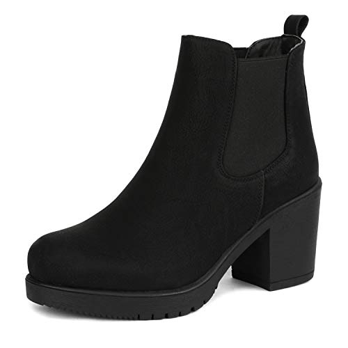 Dream Pairs FRE Mujer Botines de Tacón Ancho Chelsea Plataforma Cabeza Redonda Otoño Invierno Moda Botas Negro PU 41 EU/10 US