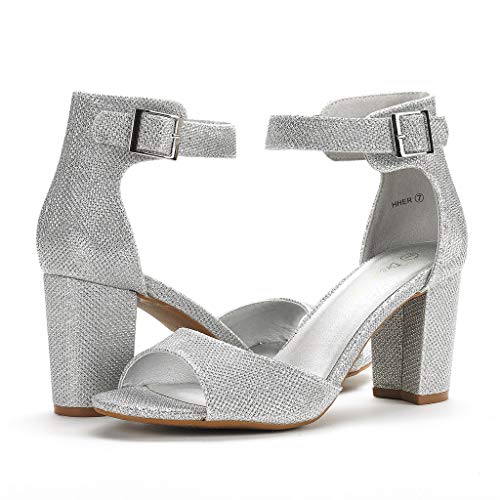 Dream Pairs HHER Zapatos de Tacon con Correa Tobillo para Mujer Plateado Brillante 38 EU/7 US