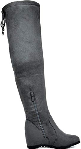 Dream Pairs Leggy Mujer Botas de Tacón Alto Invierno sobre la Rodilla Cordones Cremallera Botas Gris 38.5 EU/7.5 US