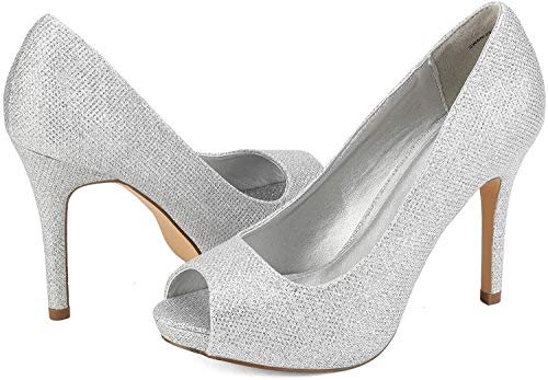 Dream Pairs Mujer Plataforma Peep Toe Pumps Tacón Sandalias Zapatos De Boda Novia SWAN-26 Brillo Plateado Talla 10 US / 41 EU