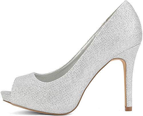 Dream Pairs Mujer Plataforma Peep Toe Pumps Tacón Sandalias Zapatos De Boda Novia SWAN-26 Brillo Plateado Talla 10 US / 41 EU