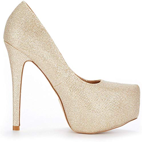 DREAM PAIRS Swan_30 Mujer Zapatos de Tacon Aguja Vestir Fiesta Boda Plataforma Pump Dorado Brillante 38 EU/7 US