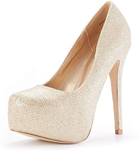 DREAM PAIRS Swan_30 Mujer Zapatos de Tacon Aguja Vestir Fiesta Boda Plataforma Pump Dorado Brillante 38 EU/7 US