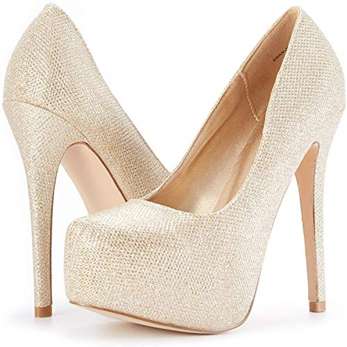 DREAM PAIRS Swan_30 Mujer Zapatos de Tacon Aguja Vestir Fiesta Boda Plataforma Pump Dorado Brillante 38 EU/7 US