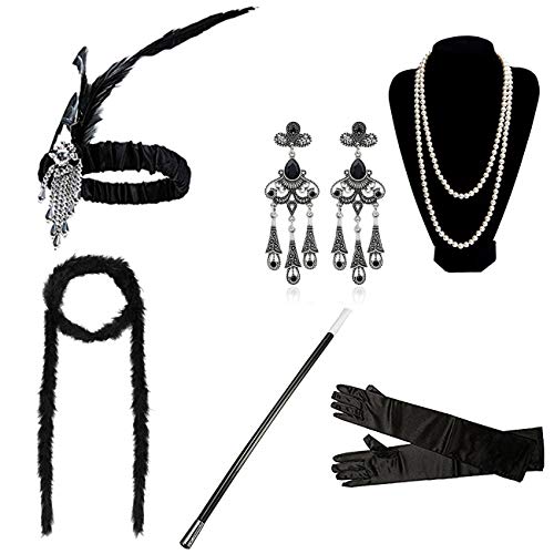 DRESHOW 1920s Accesorios Set Años 20 Fiesta Disfraz Gran Gatsby Diadema, Collar, Guantes,Pendientes, Porta Cigarrillos para Mujeres