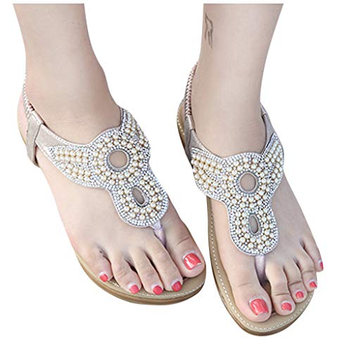 DressLksnf Sandalias Planas Verano Mujer Estilo Bohemia Zapatos de Dedo Sandalias Talla Grande Cinta Elástica Sandalias Casuales de Playa Chanclas Romanas